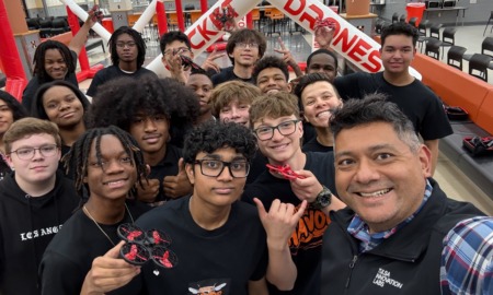 Giving Tulsa students a clear path from curiosity to career_feature, afterschool STEM: group of youths in rocket and drone club along with mentor/teacher