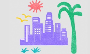 Los Angeles County community improvement grants: colorful graphic of stylized LA skyline with palm tree, sun, grasses and birds