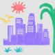 Los Angeles County community improvement grants: colorful graphic of stylized LA skyline with palm tree, sun, grasses and birds