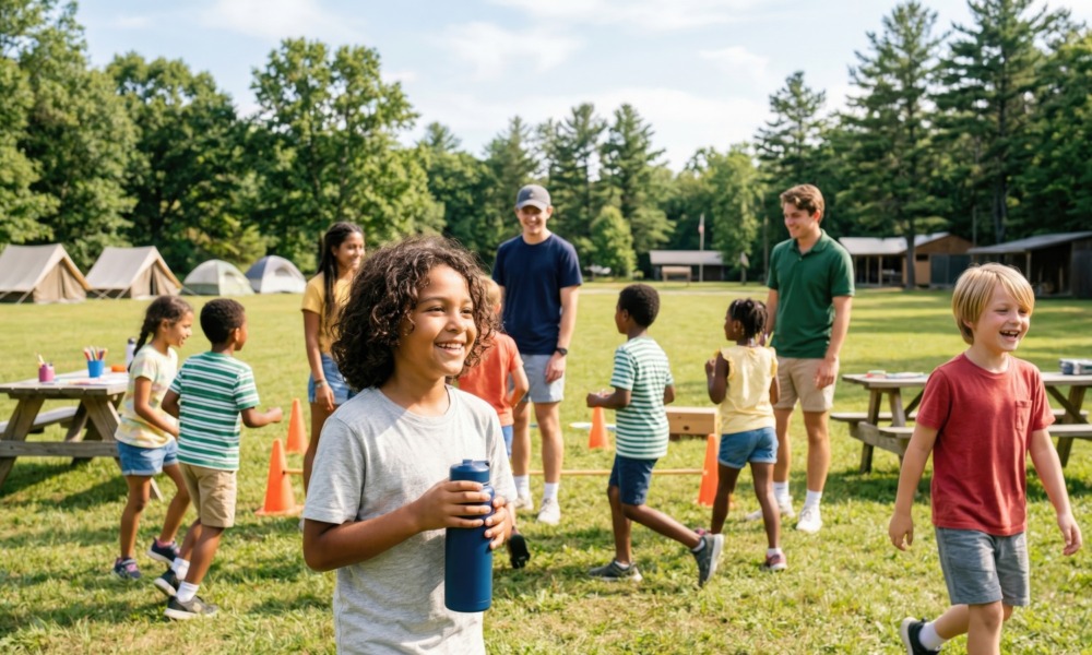 The most important moments of abuse prevention aren't always on the schedule_feature: group of children having water break at summer camp with camp staff
