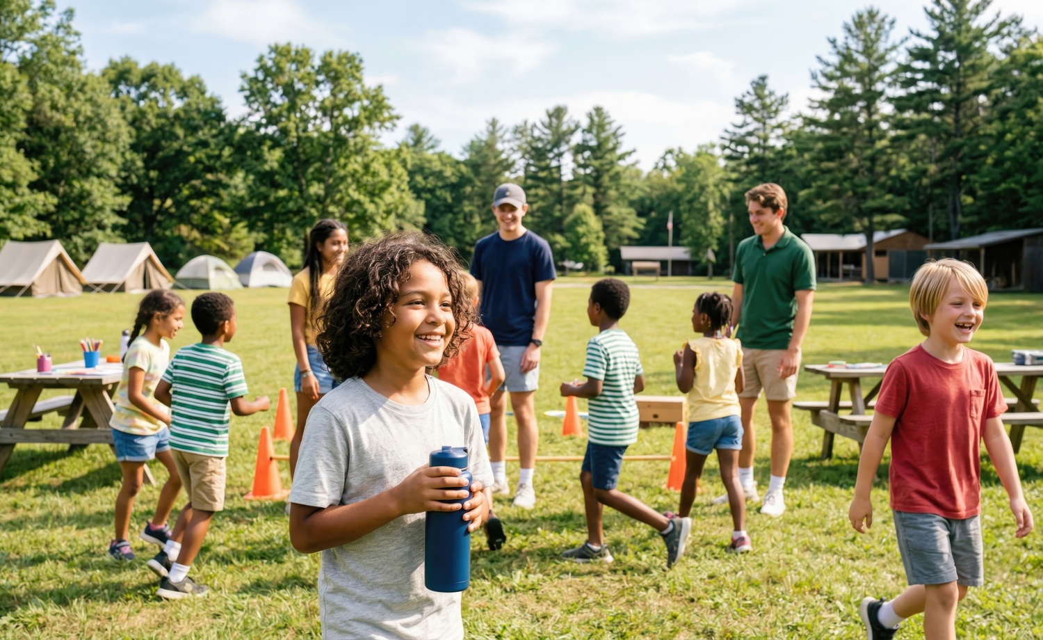The most important moments of abuse prevention aren't always on the schedule_feature: group of children having water break at summer camp with camp staff