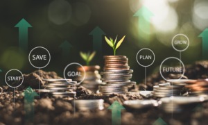What is wealth-a teen perspective_feature2: graphic depicting money growing over time with piles of coins and seedlings sprouting, financial education