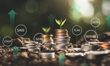 What is wealth-a teen perspective_feature2: graphic depicting money growing over time with piles of coins and seedlings sprouting, financial education