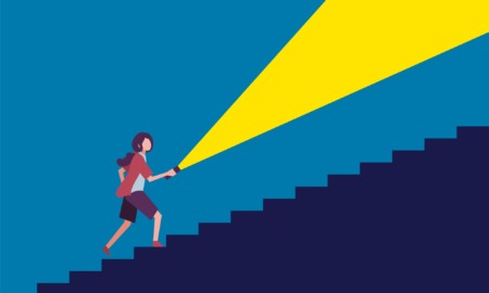 A flashlight on the life spaces of young people_feature: graphic of young woman walking up stairs while shining flashlight