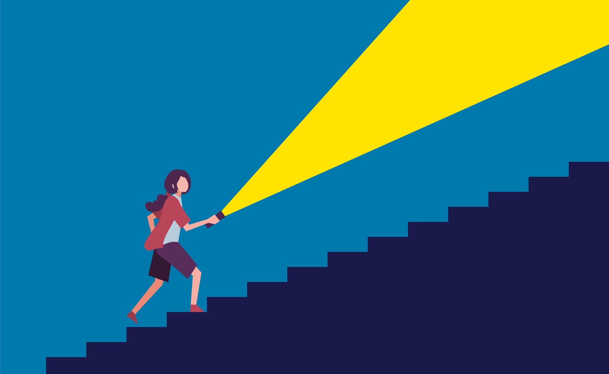 A flashlight on the life spaces of young people_feature: graphic of young woman walking up stairs while shining flashlight