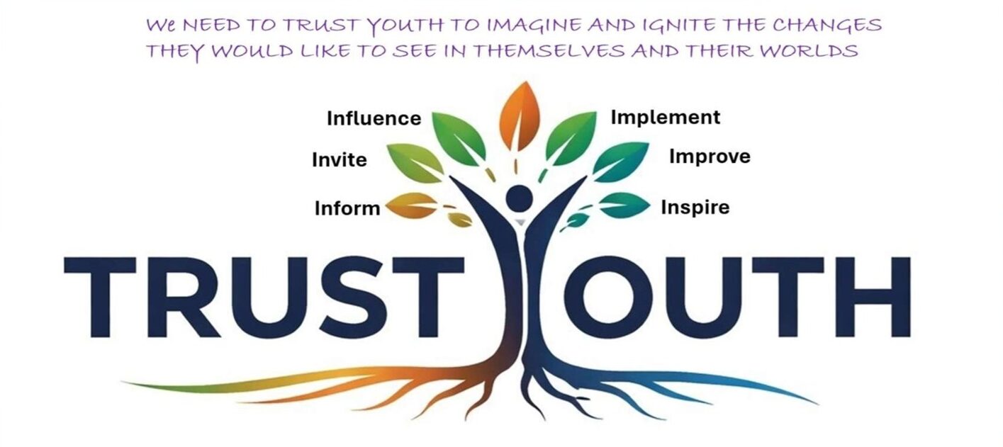 Exploring the trust gap-An open invitation_TrustYouth graphic-no border: a graphic reading "Trust Youth" with the "Y" being a stylized and colorful tree with roots