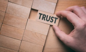 Exploring the trust gap-An open invitation_feature: Trust word written on wooden block. Building trust business concept.
