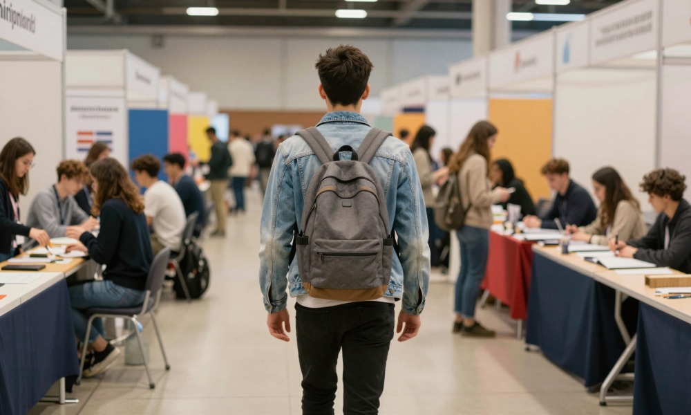 Why career readiness programs should treat teens as emerging adults_feature: a young male teen with backpack walks through a career fair