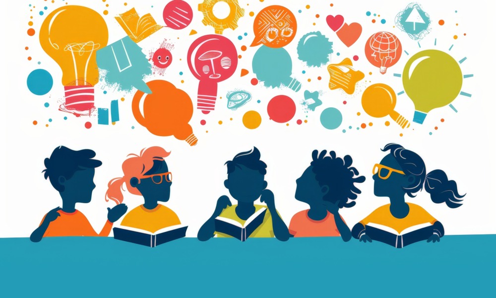 You might also like-The problem with learning styles_feature: colorful graphic of group of kids at table with books and graphic icons of learning styles hovering above their heads