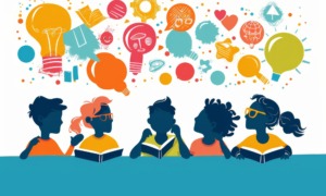 You might also like-The problem with learning styles_feature: colorful graphic of group of kids at table with books and graphic icons of learning styles hovering above their heads