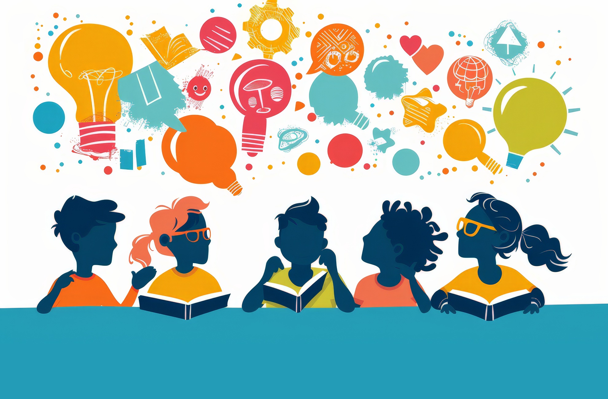 You might also like-The problem with learning styles_feature: colorful graphic of group of kids at table with books and graphic icons of learning styles hovering above their heads