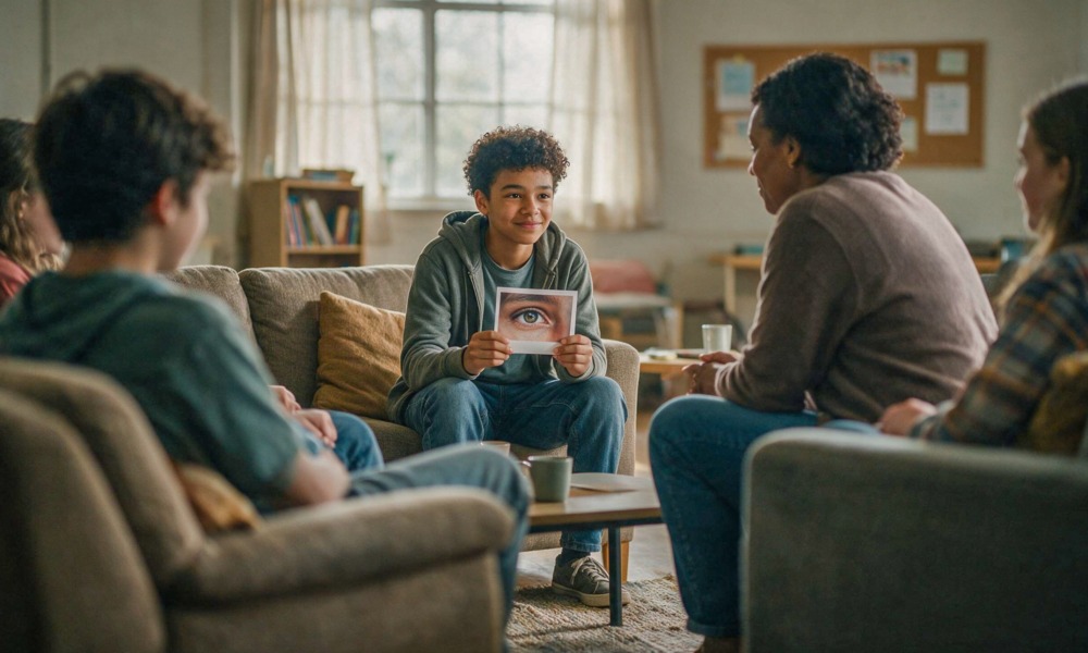 Be seen-A simple activity for fostering deep relational visibility in youth groups_feature: a boy holds a card with an eye on it in a group setting as part of activity