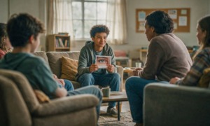 Be seen-A simple activity for fostering deep relational visibility in youth groups_feature: a boy holds a card with an eye on it in a group setting as part of activity