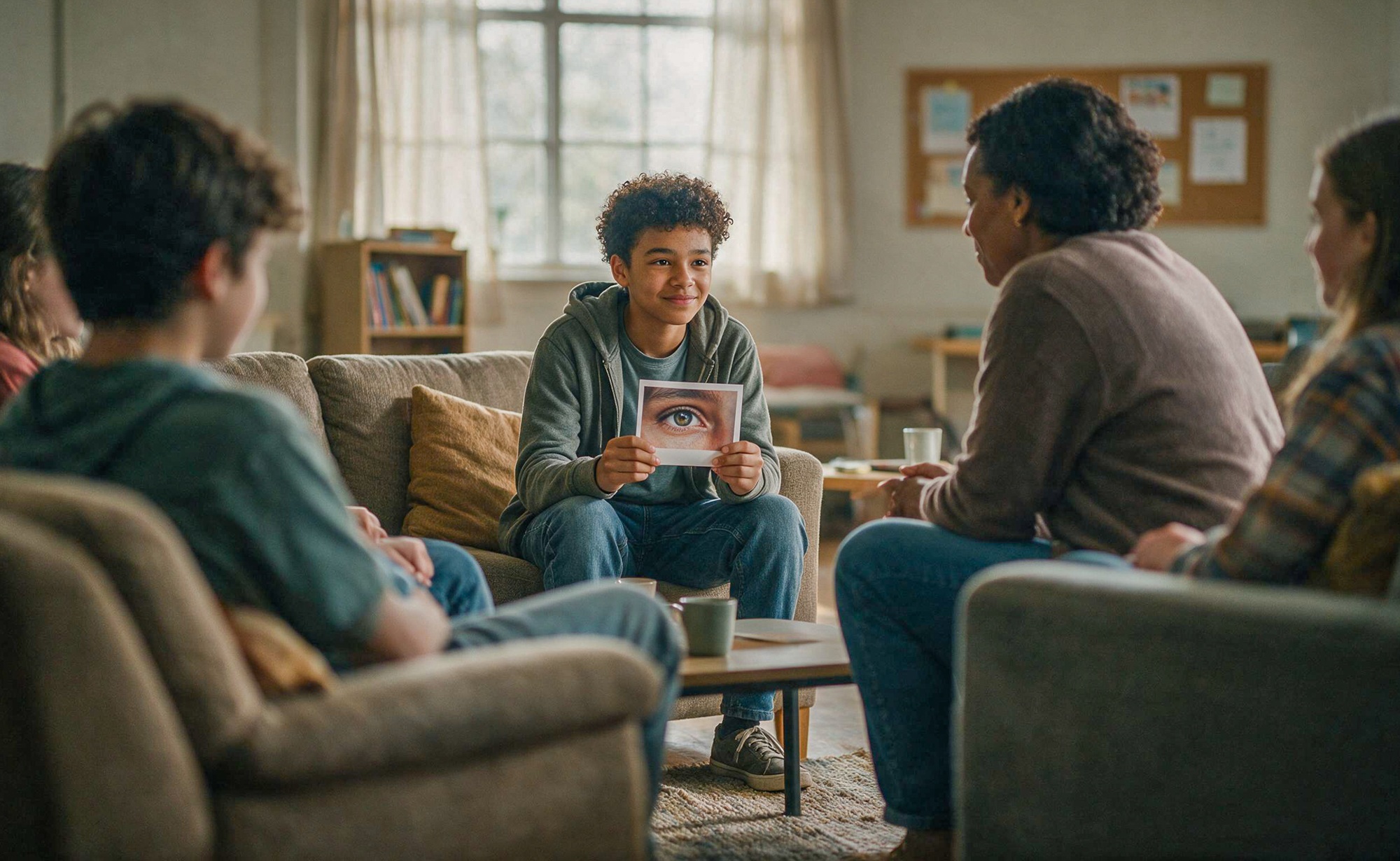 Be seen-A simple activity for fostering deep relational visibility in youth groups_feature: a boy holds a card with an eye on it in a group setting as part of activity