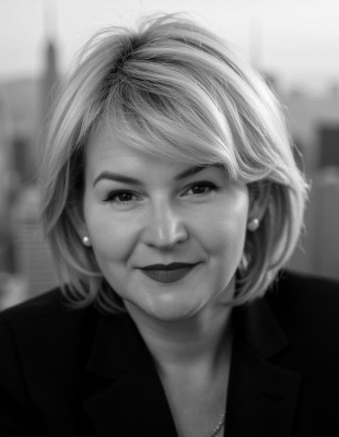 Brittany Greer headshot: black and white photo of white woman with medium length blonde hair wearing black shirt