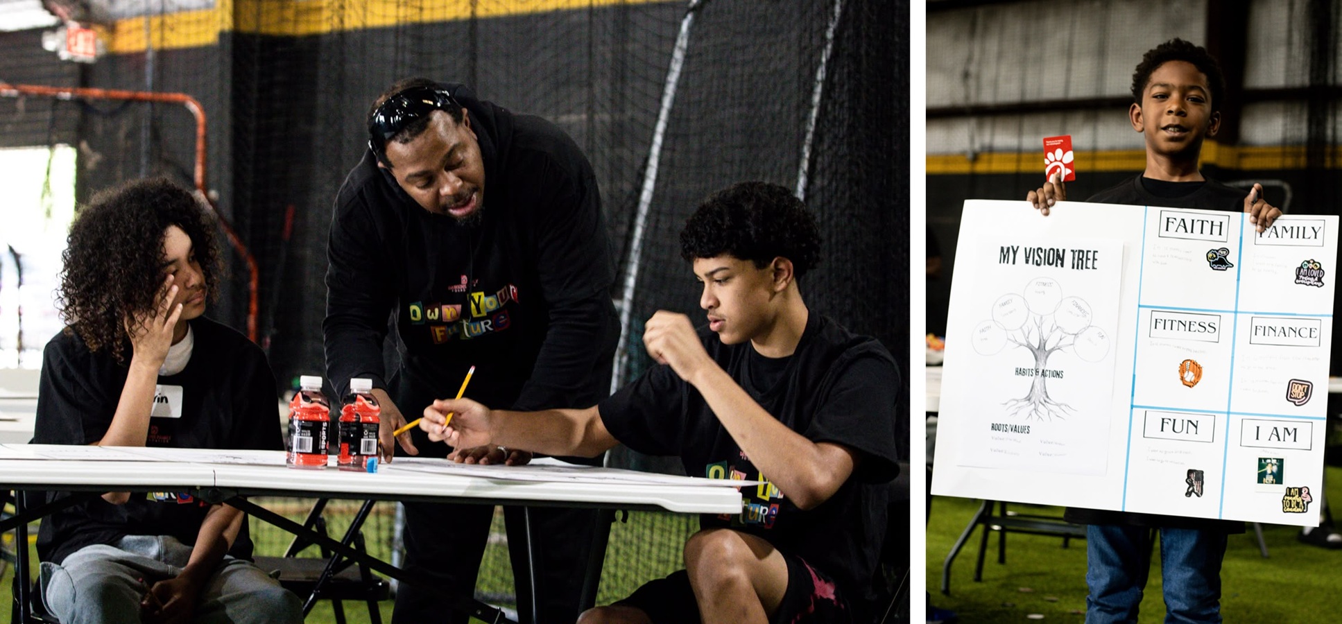 Four things navigating public-private partnerships taught me about leadership_event and youth: two images, on left a mentor figure leans over table helping two boys with work; on the right a younger boy shows off a poster he made