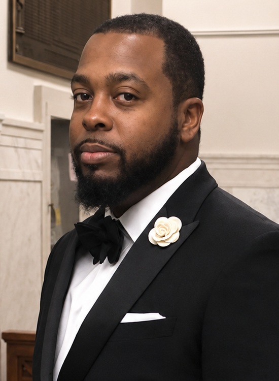 JonPaul Reed headshot: black man in tuxedo standing in hallway