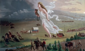 "American Progress" painting by John Gast. It depicts Manifest Destiny, the belief in westward expansion of the United States from the Atlantic to the Pacific Ocean. Settlers are moving west, guided and protected by Columbia, aided by modern technology like railroads and education , driving Native Americans and bison into obscurity. Columbia represents America, dressed in a Roman toga to represent classical republicanism, and brings the enlightened east to the darkened west.