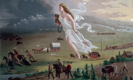 "American Progress" painting by John Gast. It depicts Manifest Destiny, the belief in westward expansion of the United States from the Atlantic to the Pacific Ocean. Settlers are moving west, guided and protected by Columbia, aided by modern technology like railroads and education , driving Native Americans and bison into obscurity. Columbia represents America, dressed in a Roman toga to represent classical republicanism, and brings the enlightened east to the darkened west.