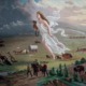 "American Progress" painting by John Gast. It depicts Manifest Destiny, the belief in westward expansion of the United States from the Atlantic to the Pacific Ocean. Settlers are moving west, guided and protected by Columbia, aided by modern technology like railroads and education , driving Native Americans and bison into obscurity. Columbia represents America, dressed in a Roman toga to represent classical republicanism, and brings the enlightened east to the darkened west.