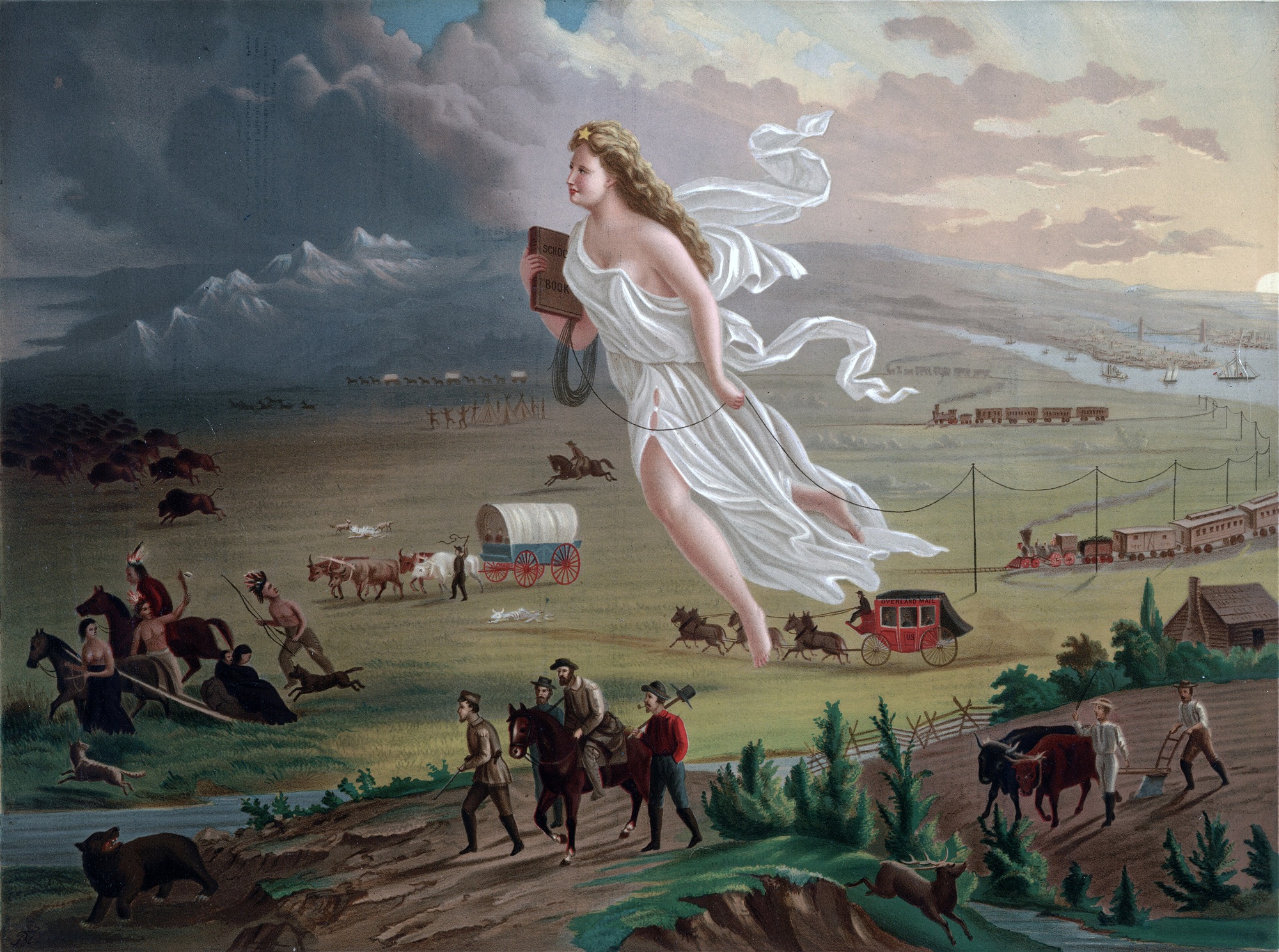 "American Progress" painting by John Gast. It depicts Manifest Destiny, the belief in westward expansion of the United States from the Atlantic to the Pacific Ocean. Settlers are moving west, guided and protected by Columbia, aided by modern technology like railroads and education , driving Native Americans and bison into obscurity. Columbia represents America, dressed in a Roman toga to represent classical republicanism, and brings the enlightened east to the darkened west.