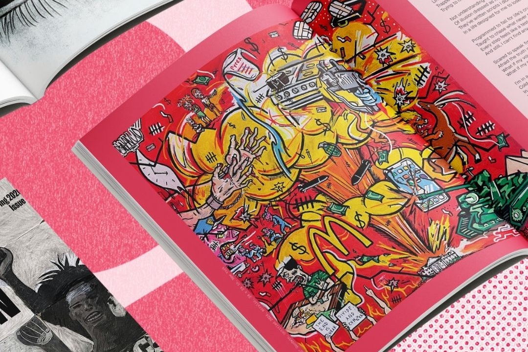 QA-Brit Christopher Gabriel Arika youth prisons don't work-magazine of youth perspectives building movement_feature: magazine page with graphic, colorful illustration from No Kids in Prison magazine, youth incarceration