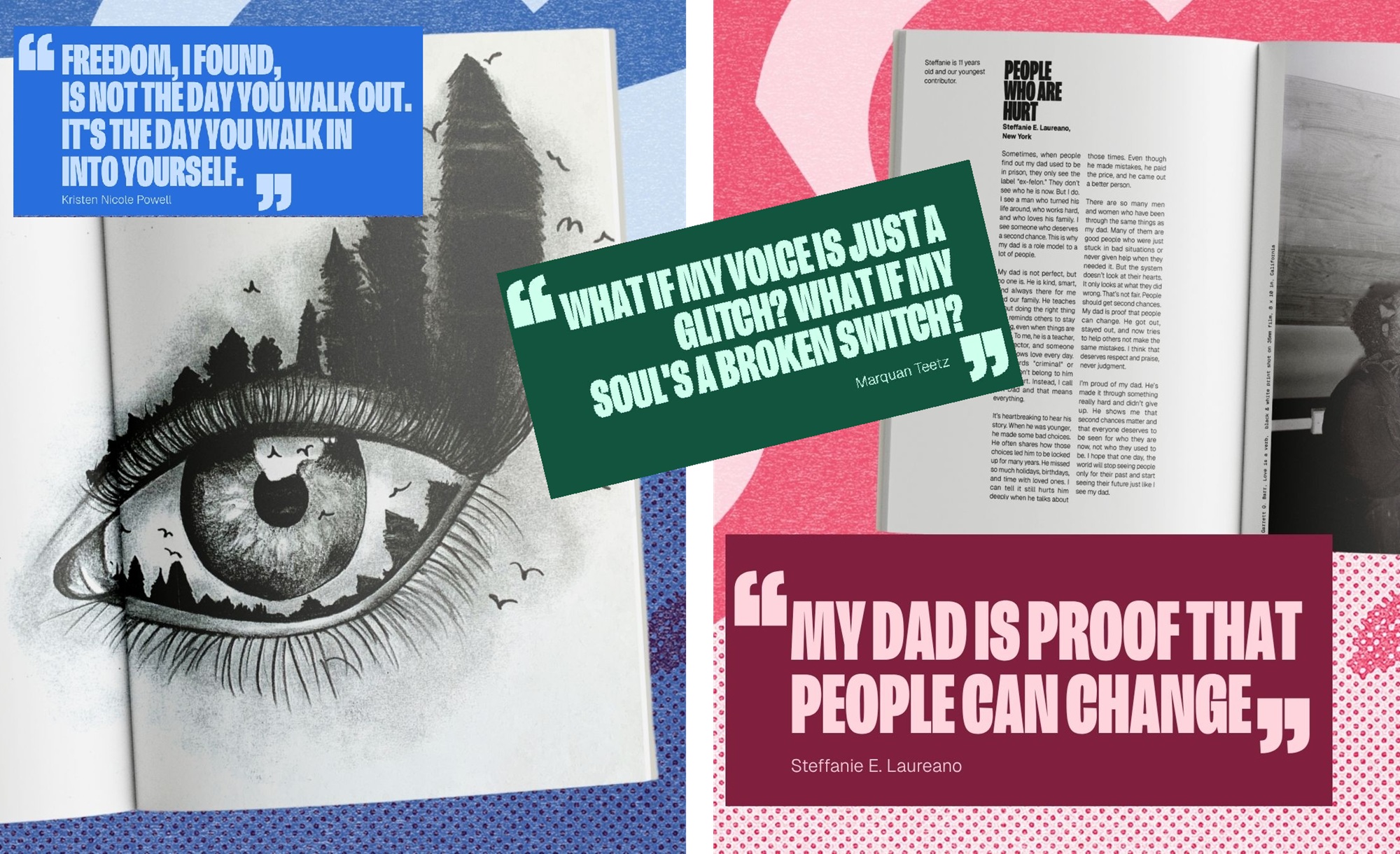 QA-Brit Christopher Gabriel Arika youth prisons don't work-magazine of youth perspectives building movement_magazine pages-quotes: collage image of two magazine pages and various quotes in colorful style