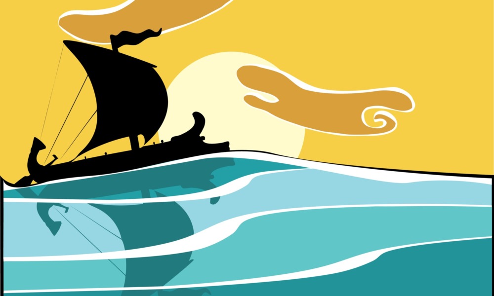 The Odyssey’s epic tale of productive struggle _feature: colorful graphic depiction of Greek warship from The Odyssey sailing