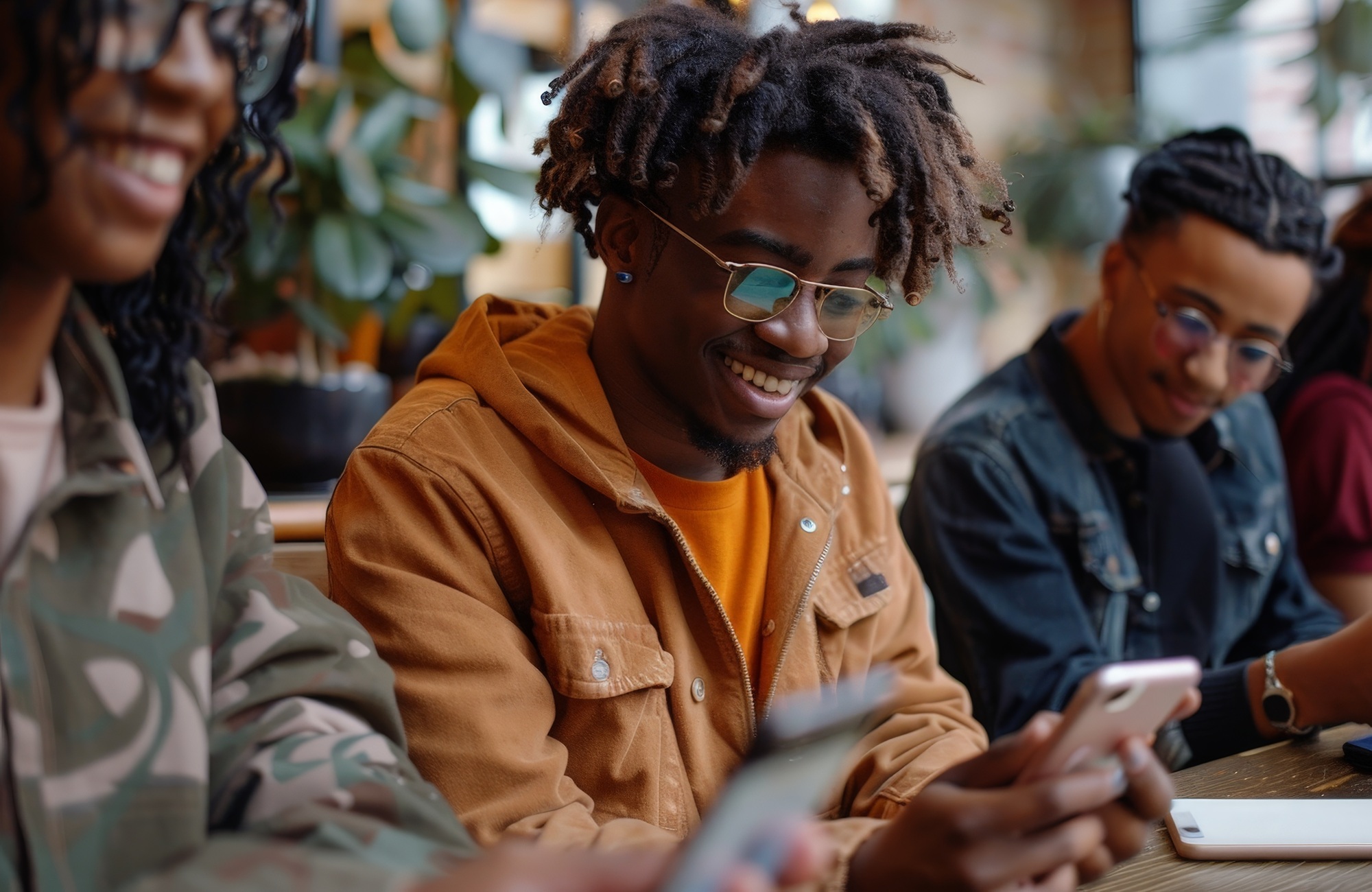 The problem isnt access its application-What teens actually need from financial education _feature2: group of black youths happily working on phones while using financial planning app