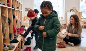 What 25 years of addressing clothing insecurity has taught us about helping children thrive_feature: a young black boy puts on a jacket at school