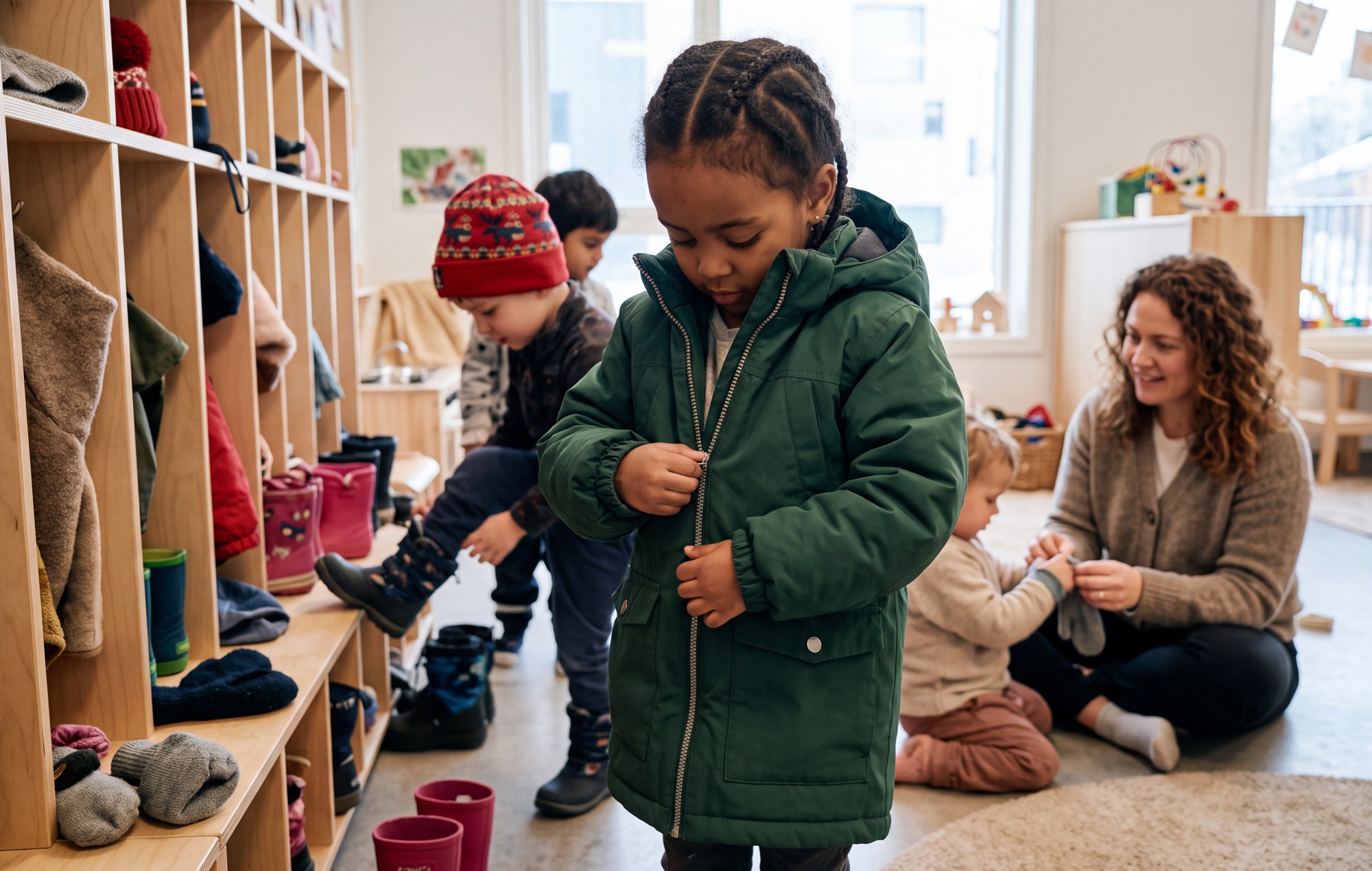 What 25 years of addressing clothing insecurity has taught us about helping children thrive_feature: a young black boy puts on a jacket at school