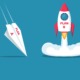 When the plan fails, change the plan_feature: graphic illustration of paper airplane labeled "Plan A" crashing to ground while rocket ship labeled "Plan B" lifts off