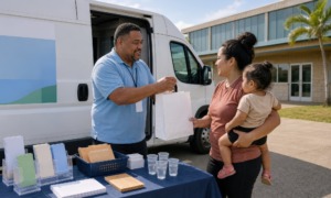 AANHPI community grant: man hands a bag to mom and daughter at community help event