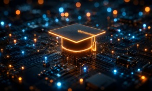Beyond the panic-Turning youth AI anxiety into strategic digital literacy_feature: Glowing orange neon graduation cap sitting on a high tech digital circuit board representing the intersection of technology, AI anxiety and education