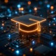 Beyond the panic-Turning youth AI anxiety into strategic digital literacy_feature: Glowing orange neon graduation cap sitting on a high tech digital circuit board representing the intersection of technology, AI anxiety and education