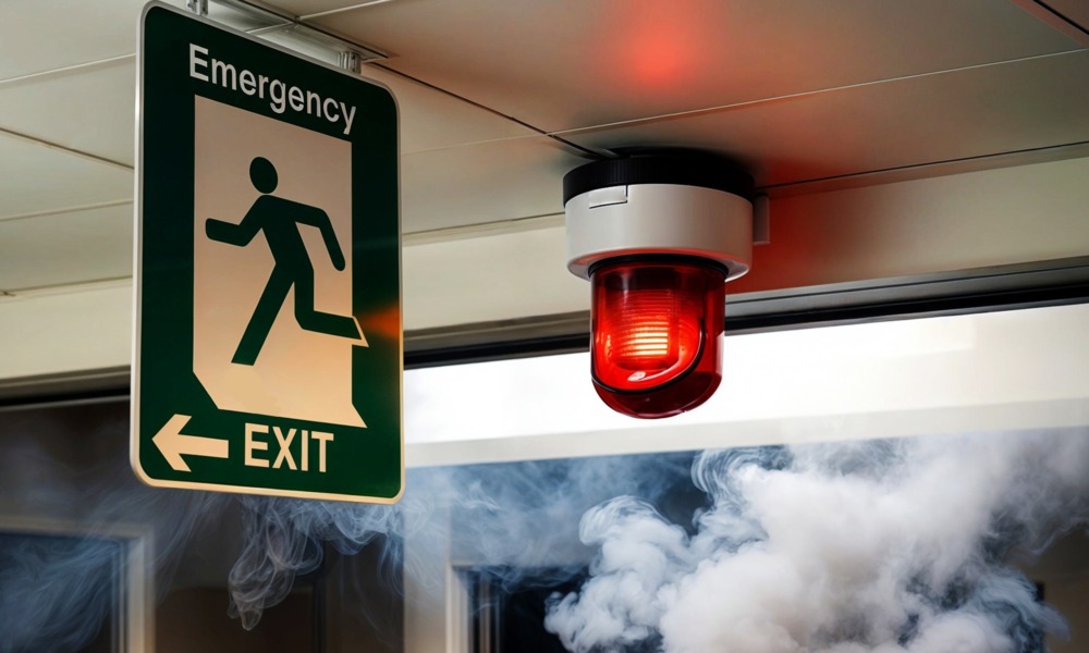 In the middle of survival_feature, youth development: view of emergency exit sign, red alarm light and smoke