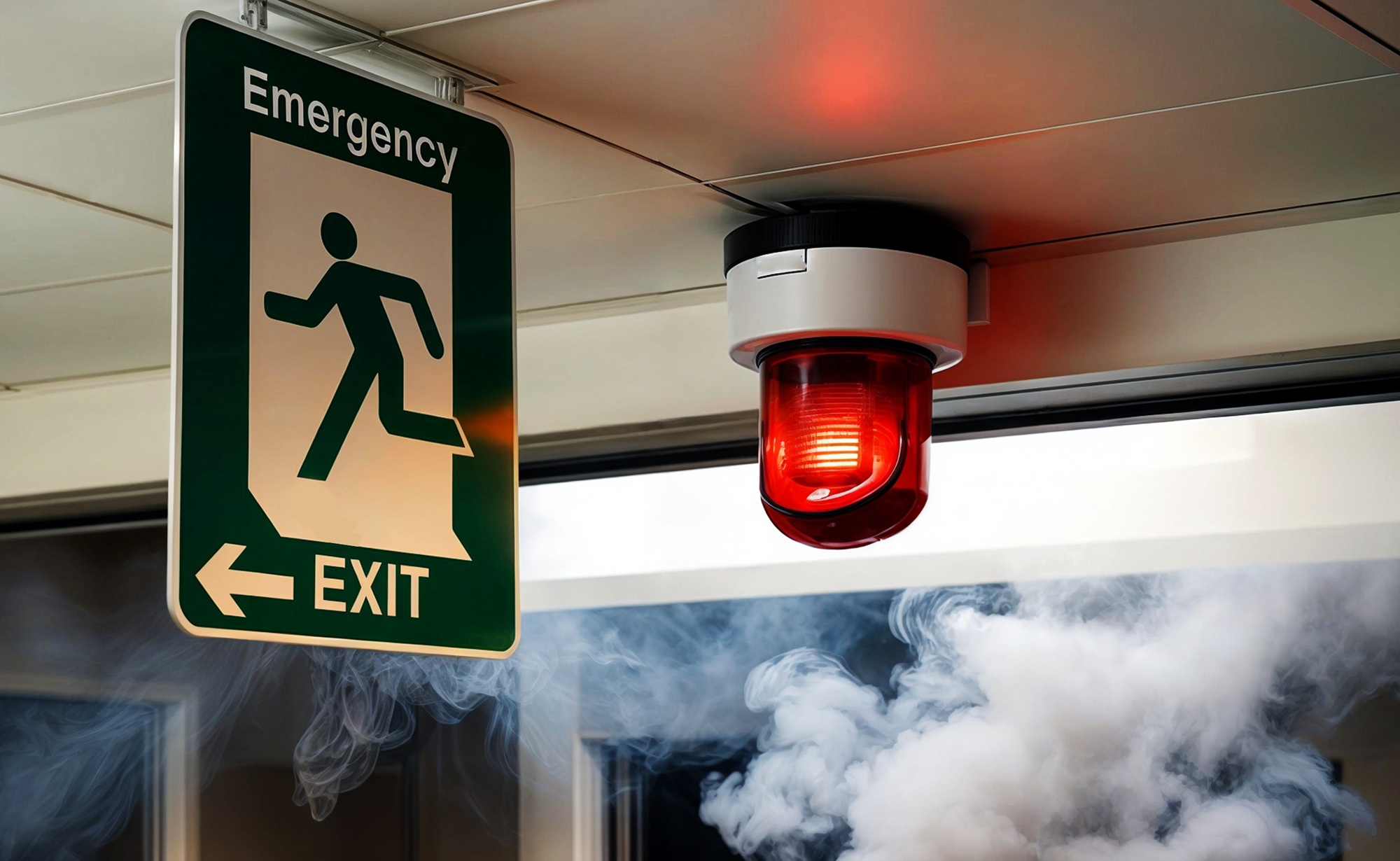 In the middle of survival_feature, youth development: view of emergency exit sign, red alarm light and smoke