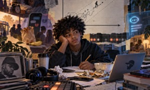 Productive struggle, J Dilla, and knowing when enough is enough_feature: illustrated image of young black boy at desk with lots of music equipment and tech
