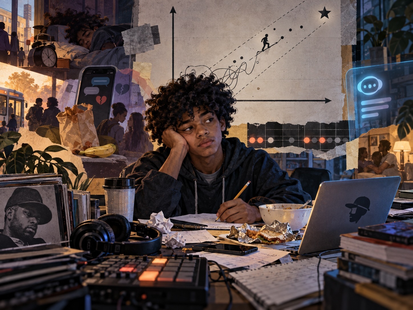Productive struggle, J Dilla, and knowing when enough is enough_feature: illustrated image of young black boy at desk with lots of music equipment and tech