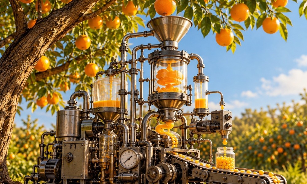Low-hanging fruit_feature: image of complicated steam-punk style machine extracting juice from oranges on orange tree