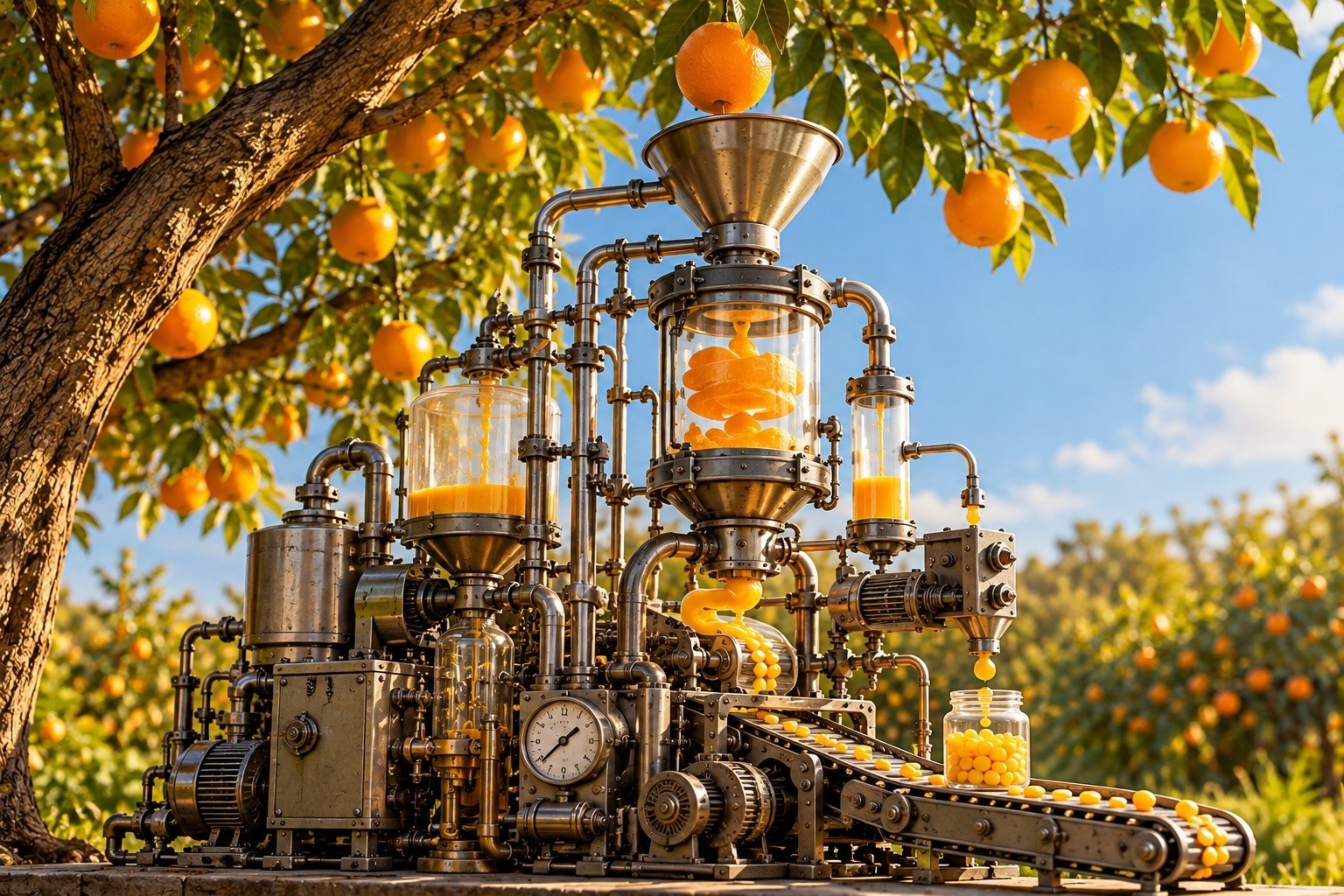 Low-hanging fruit_feature: image of complicated steam-punk style machine extracting juice from oranges on orange tree