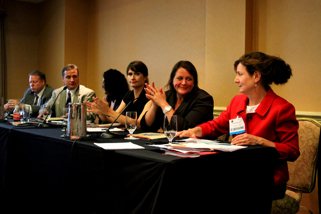 The American Bar Association’s Juvenile Justice Committee hosted a panel Friday To address the “epidemic” of Chicago’s juvenile sex trafficking. From right to left, moderator Kate Richtman, Virginia M. Kendall, Katherine Kaufka Walts, Kate Mogulescu, Michael Anton and Bill Leen. Photo by Natalie Krebs / The Chicago Bureau